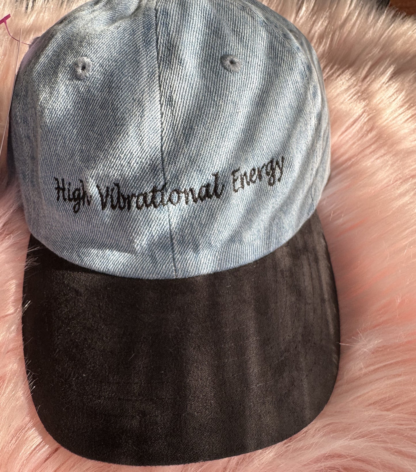 High Vibrational Energy Denim Dad Hat with Black Suede Bib