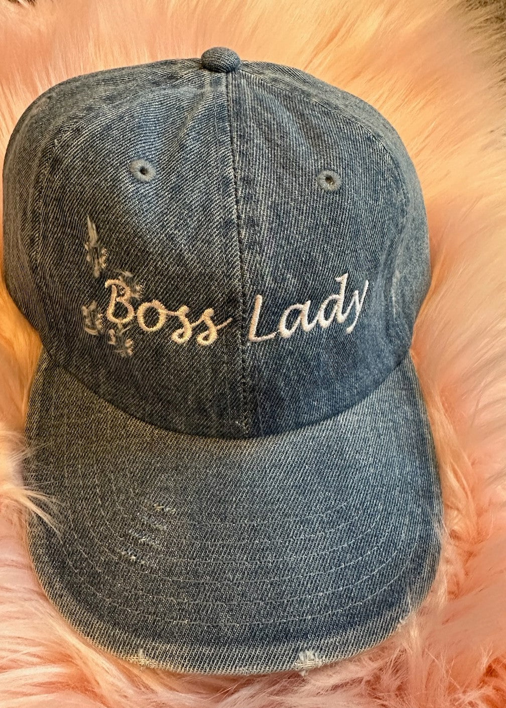 "Boss Lady with White Embroidery" Distressed Cotton Baseball Cap Dad Hat