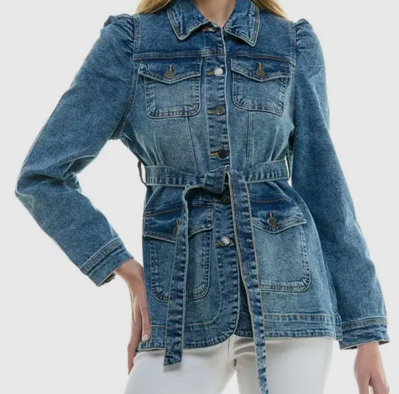 Fab Medium Washed Casual Denim Jacket with Belt