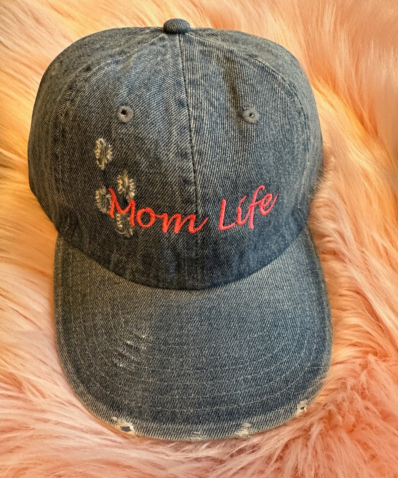 "Mom Life with Pink Embroidery" Distressed Cotton Baseball Cap Dad Hat