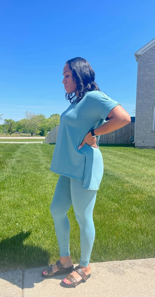 Dusty Teal Relaxed Fit Short Sleeve Legging Set