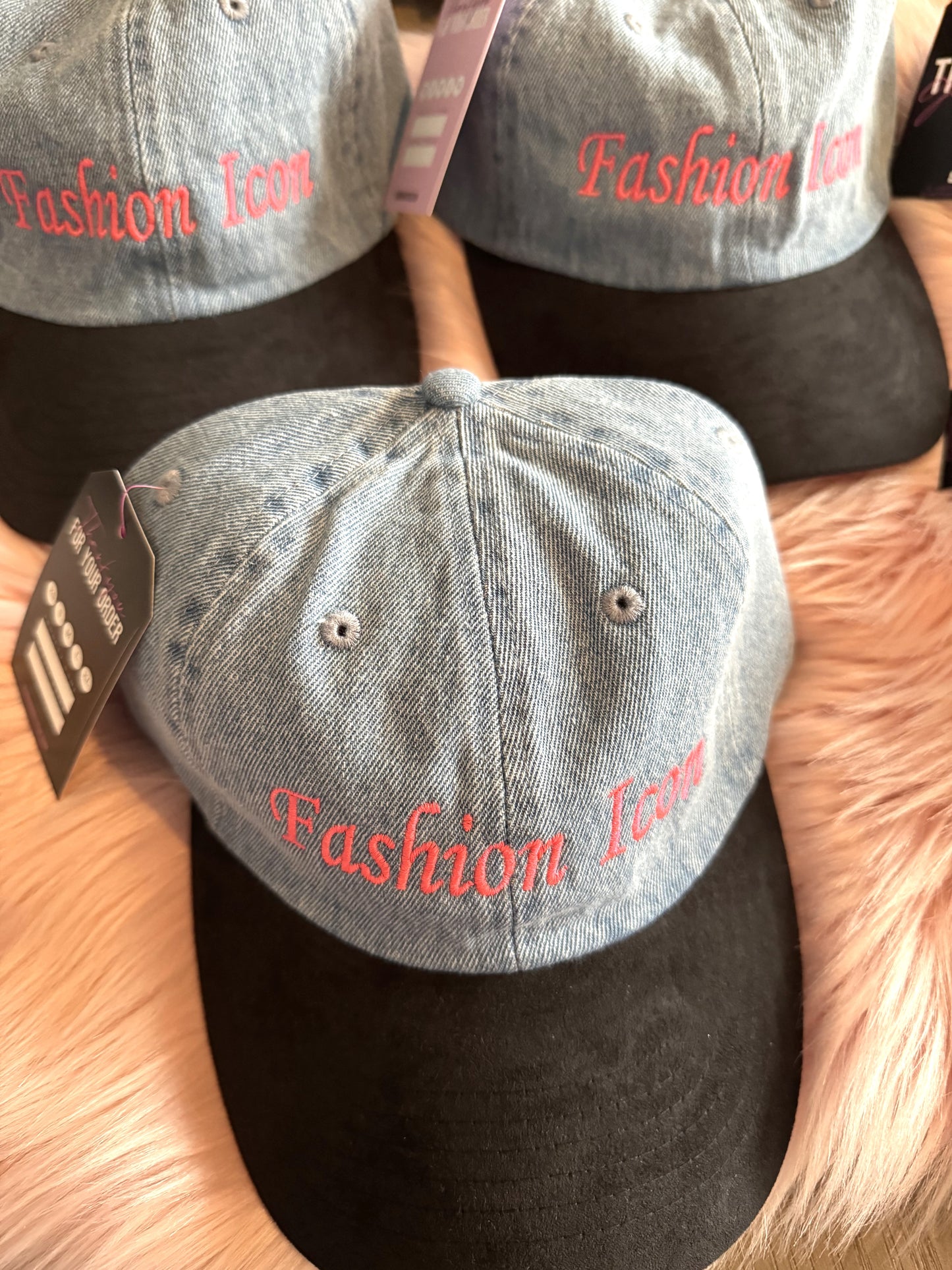 Fashion Icon Denim Dad Hat with Black Suede Bib