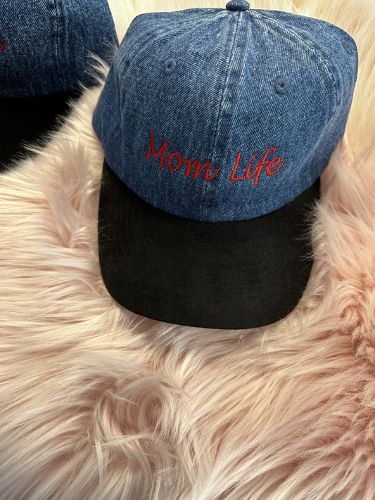 Mom Life Dark Denim with Black Suede Bib with Red Embroidered "Mom Life"