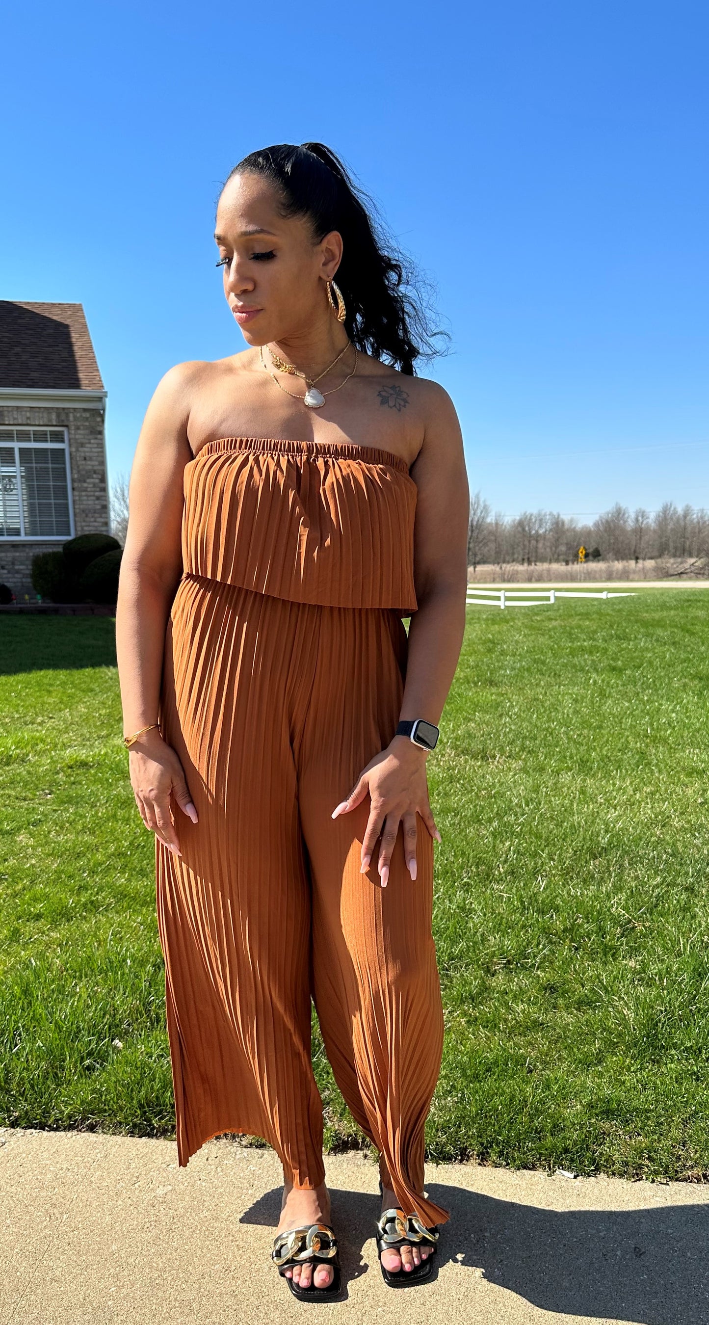 GLAMOROUS PLEATED WIDE LEG TUBE JUMPSUIT