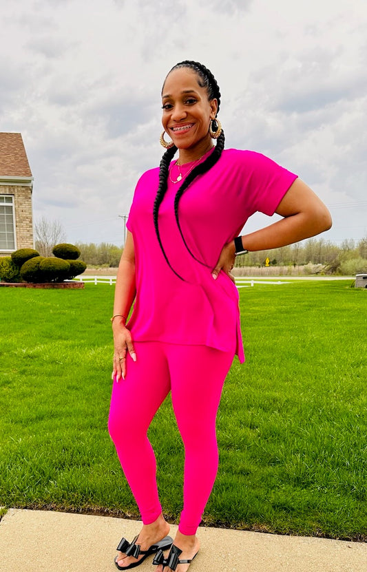 Magenta Relaxed Short Sleeve 2- Piece Legging Set